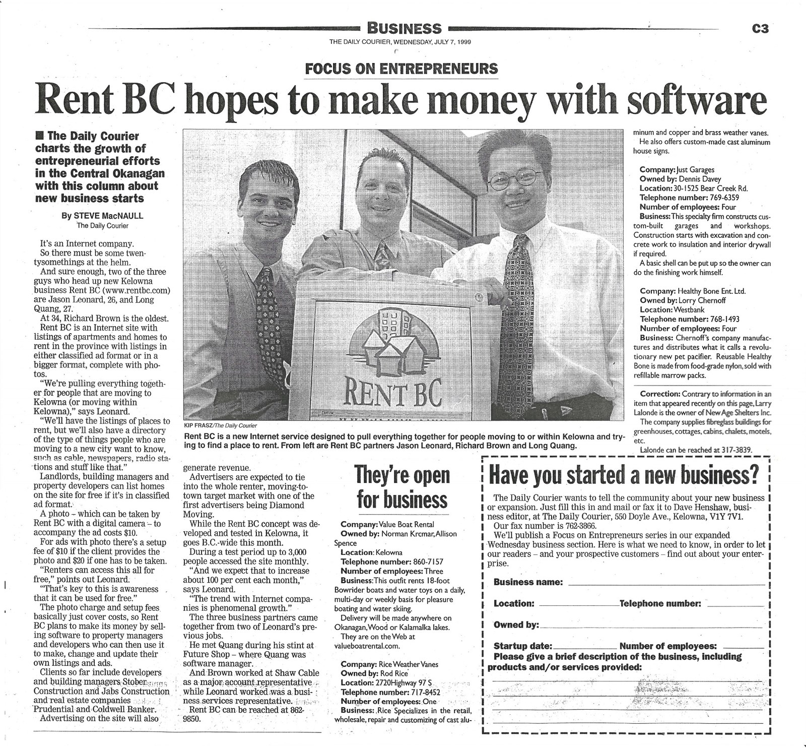 Daily Courier article from July 7, 1999 titled Rent BC hopes to make money with software