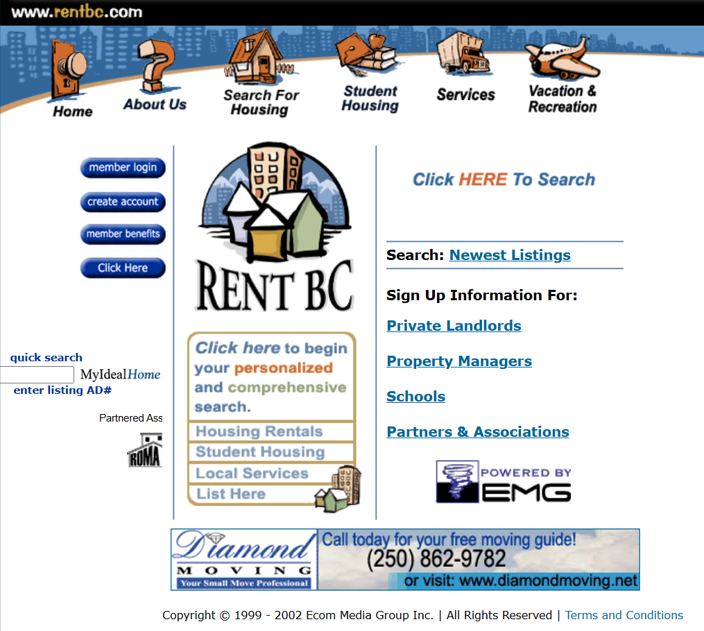 The restored original RentBC.com homepage featuring Diamond Moving