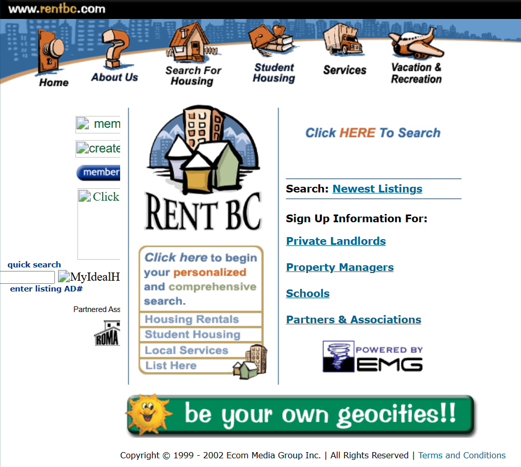The original RentBC.com homepage around 2000